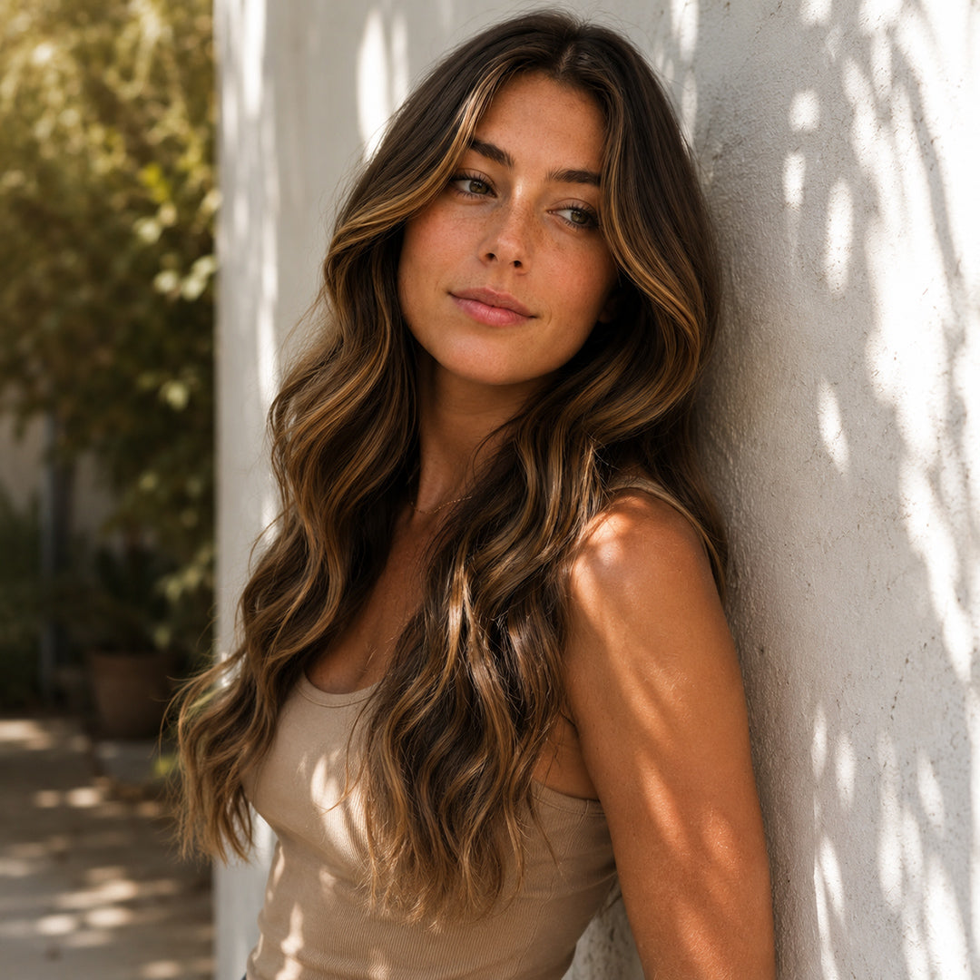 Alternate product view of Chocolate Brown Caramel Highlights #4/27 Seamless Clip-In Hair Extensions