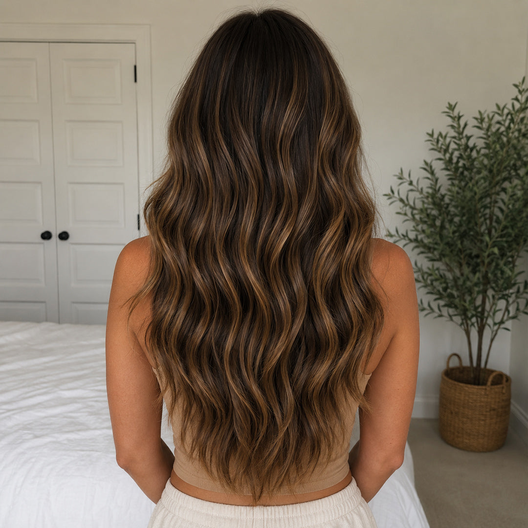 Chocolate Brown Caramel Highlights #4/27 Clip-In extensions with a natural-looking highlight blend