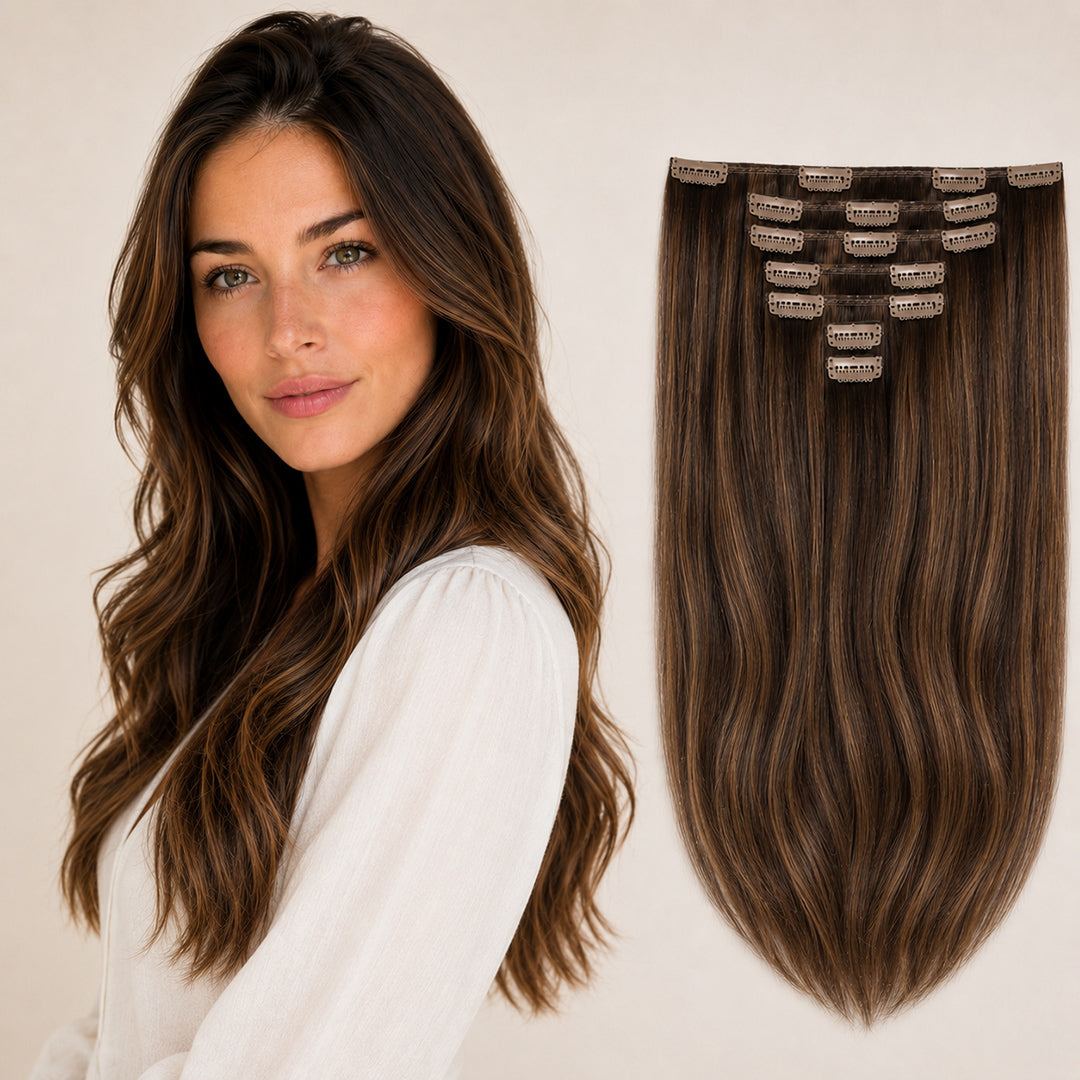 Dark Brown Caramel Highlights #2/6/27 Seamless Clip-In Hair Extensions made with 100% Remy human hair