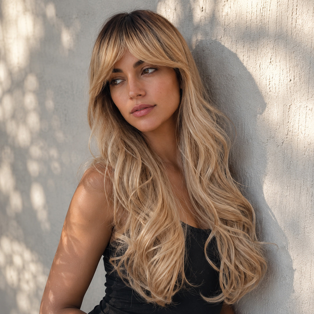 UNILOVELY Summer ready-to-wear synthetic wig, Rooted Blonde Curtain Bangs Long Wave