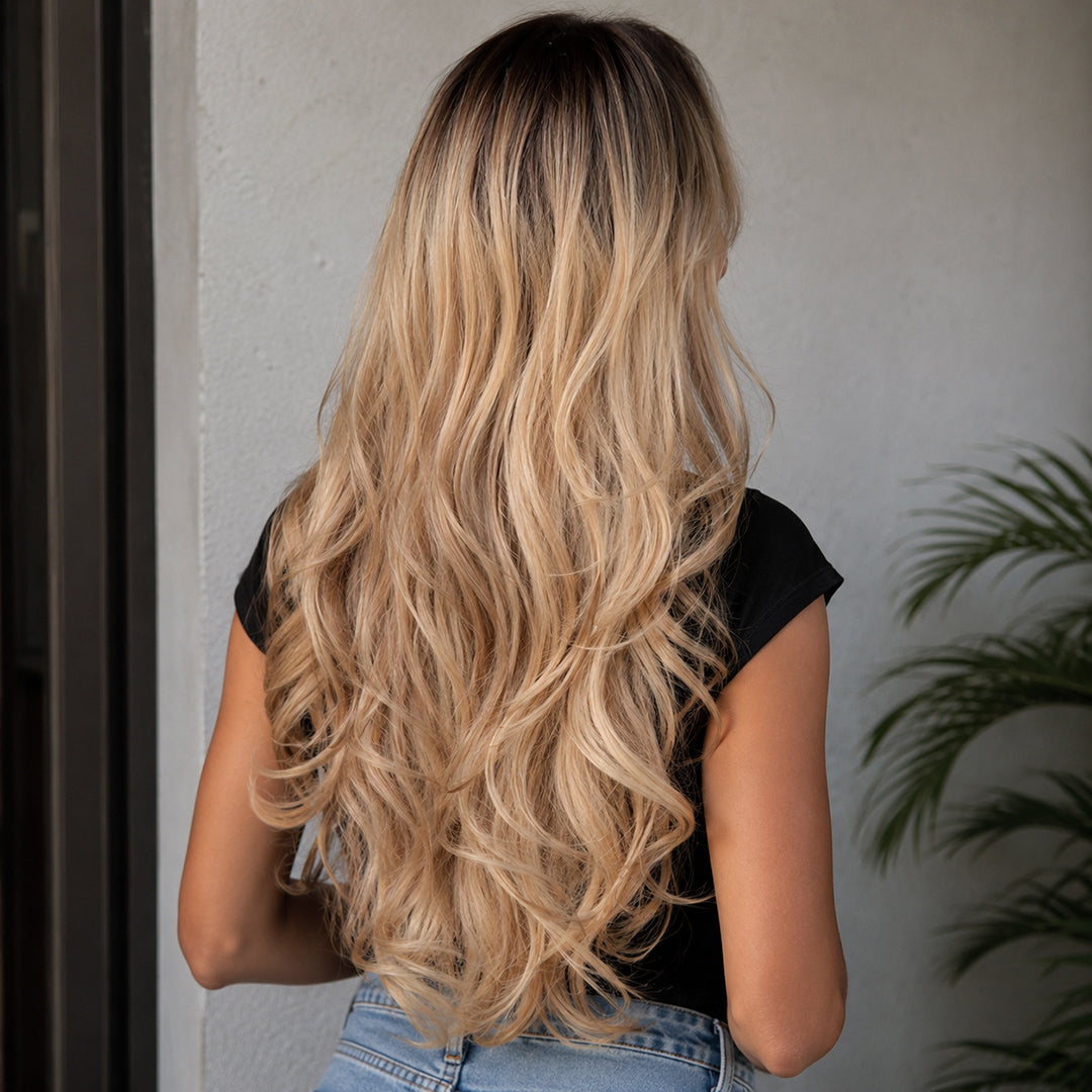 Summer synthetic wig, Rooted Blonde Curtain Bangs Long Wave
