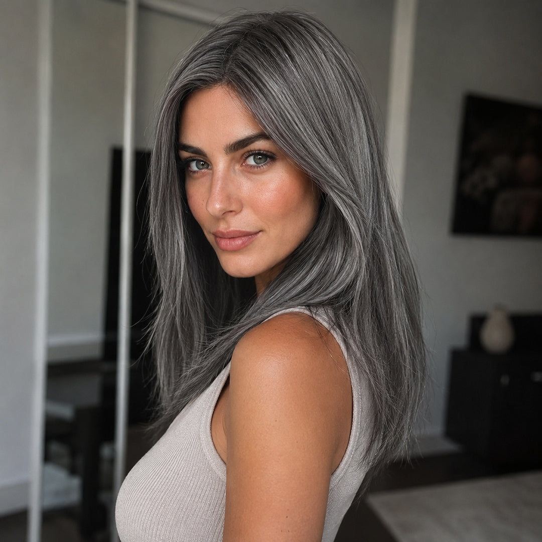 Alternate product view of Violet synthetic wig, Silver Gray Sleek Bob