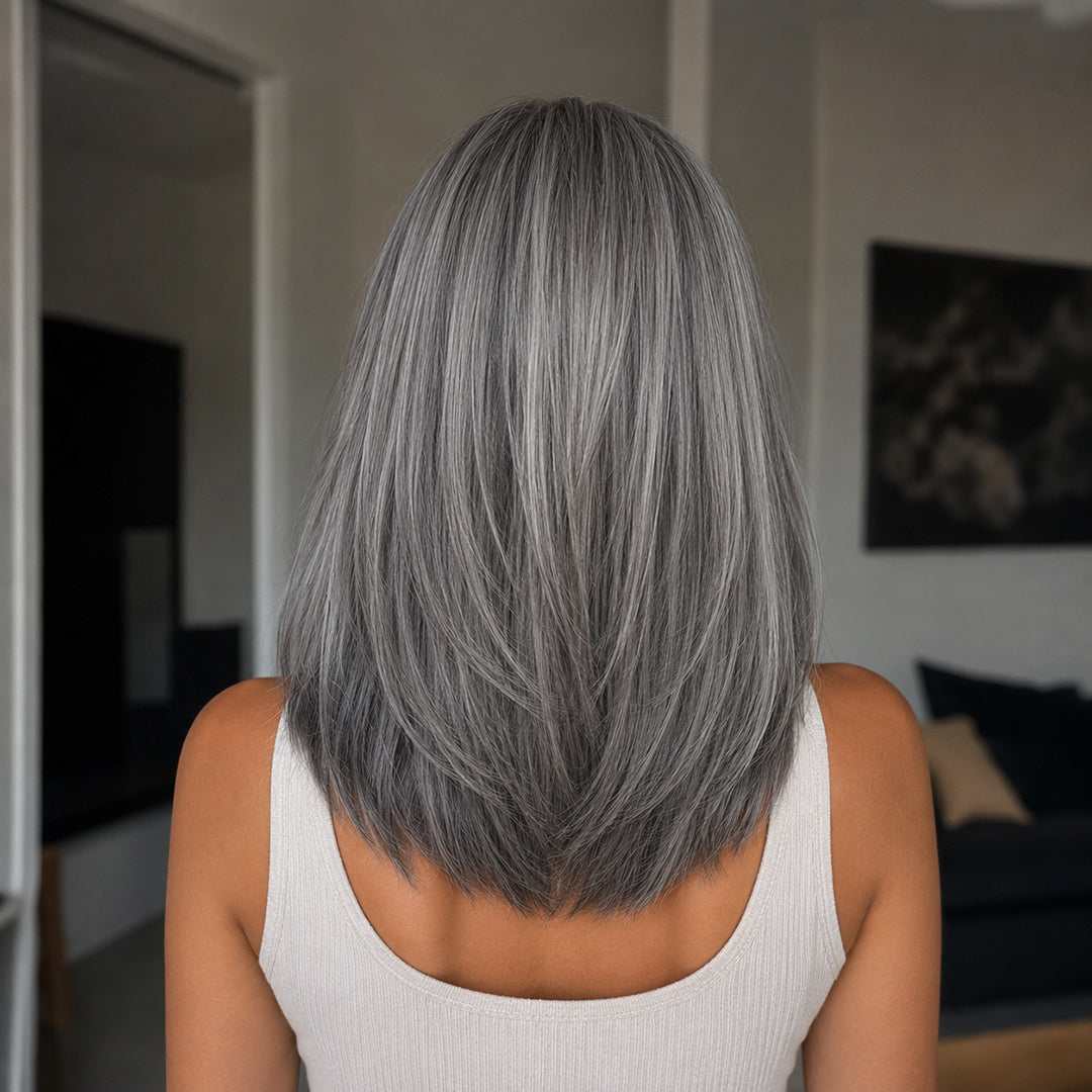 Violet synthetic wig, Silver Gray Sleek Bob